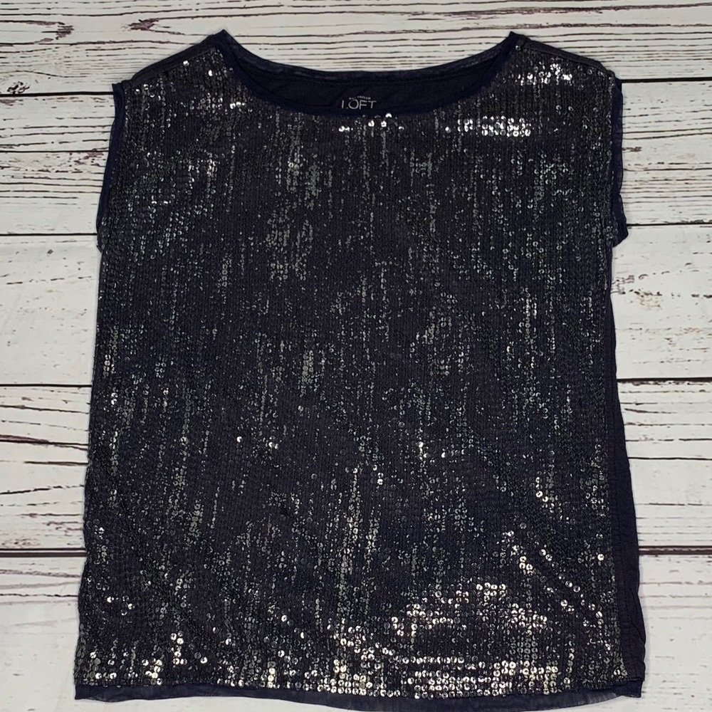 Ann Taylor Loft sleeveless blue top with sequins.